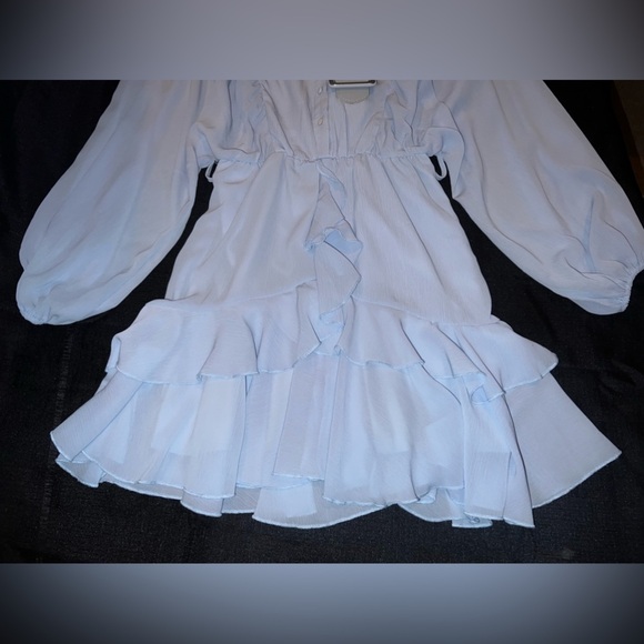 Long sleeve Ruffle Belted Dress in Winter Blue - Picture 3 of 13